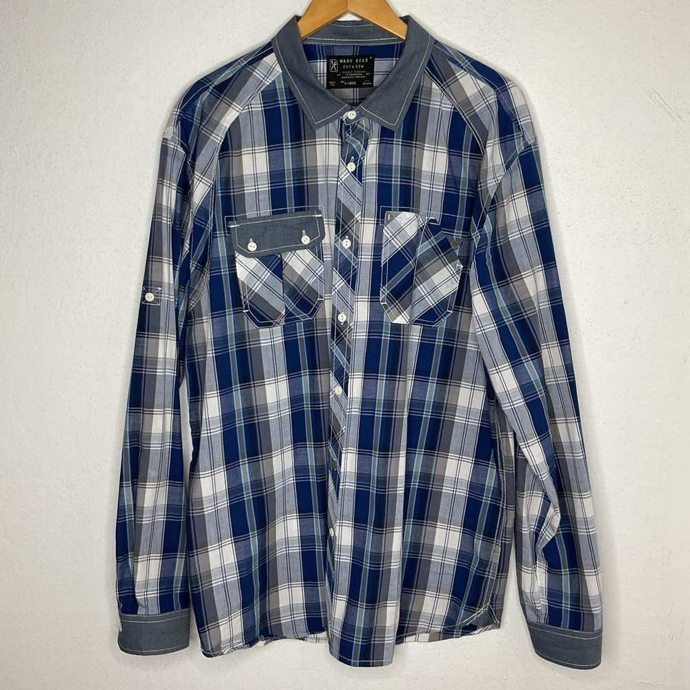 Marc Ecko Men’s Button Up Shirt XL Blue Gray Plaid Cut & Sew Long Sleeve Casual